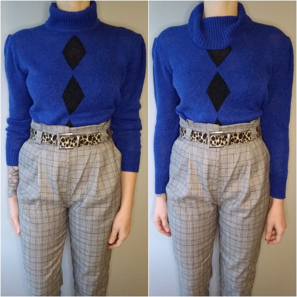 VINTAGE Turtleneck Sweater Medium 80s Blue Black Sasson Puff Sleeve Cowl Neck